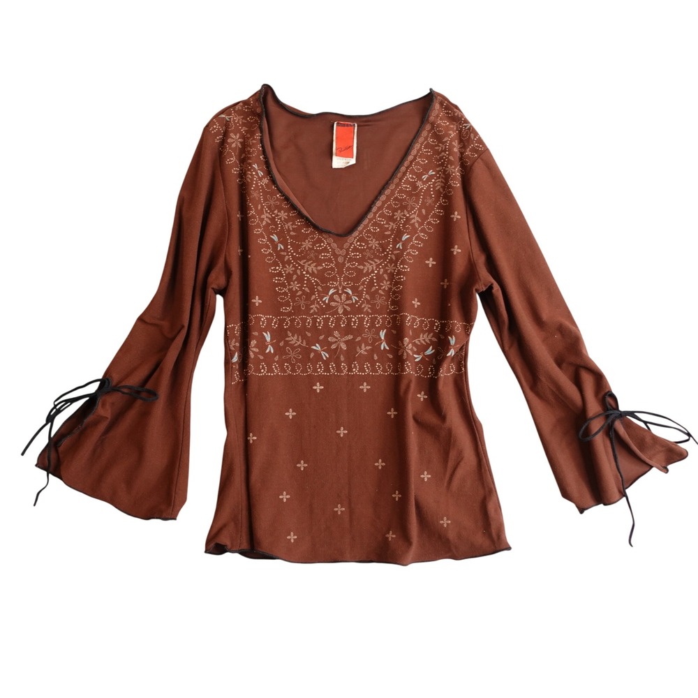 Vintage Y2K Whimsigoth Fairy Top L Brown Floral Bell Sleeve Indie Earthy Boho